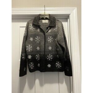 Vtg Marisa Christina Gray Wool Snowflake Cardigan Winter Sweater Whimsy Large